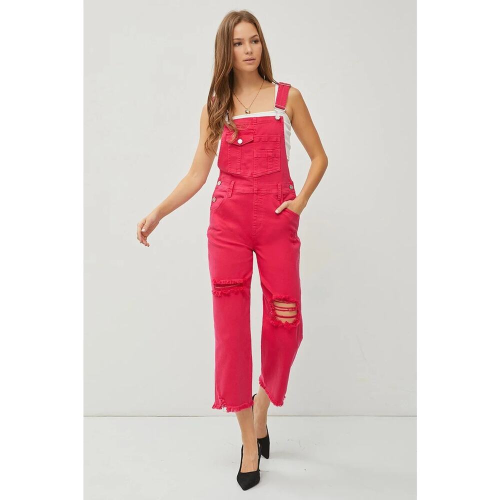 "Lou" Distressed Overalls in Fuchsia Pink